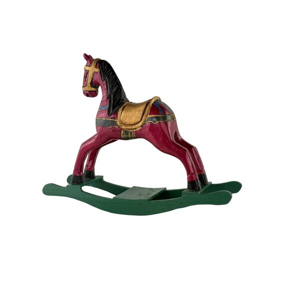 Vintage Hand Carved Wooden Rocking Horse Folk Art Red Gold Green Decor - Picture 10 of 12